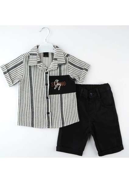 Strong Nakışlı Çizgili Gömlek Kısa Kol 2li Takım