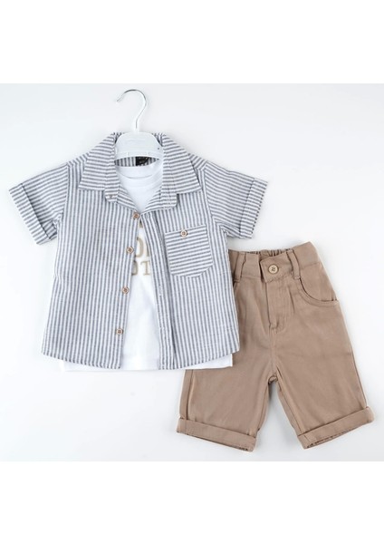 Çizgili Cepli 3 Lü Takım Kısakol
