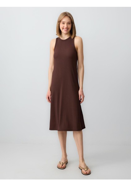 Acı Kahve Rahat Kesim Kolsuz Bisiklet Yaka Örme Midi Elbise