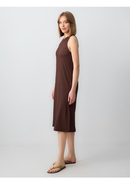 Acı Kahve Rahat Kesim Kolsuz Bisiklet Yaka Örme Midi Elbise modelleri