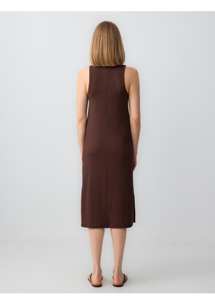 Acı Kahve Rahat Kesim Kolsuz Bisiklet Yaka Örme Midi Elbise indirimleri