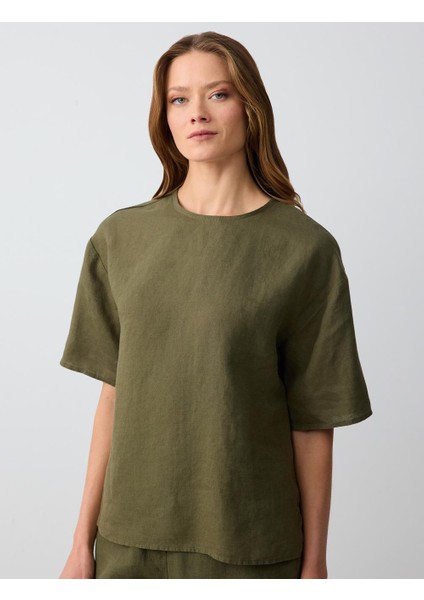 Haki Rahat Kesim Kısa Kollu Bisiklet Yaka Keten Bluz