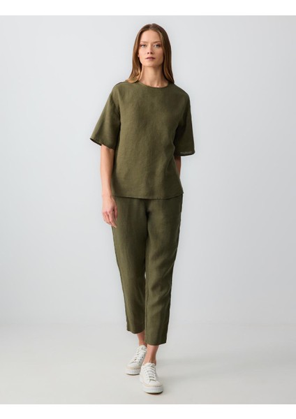 Haki Rahat Kesim Kısa Kollu Bisiklet Yaka Keten Bluz fiyatları