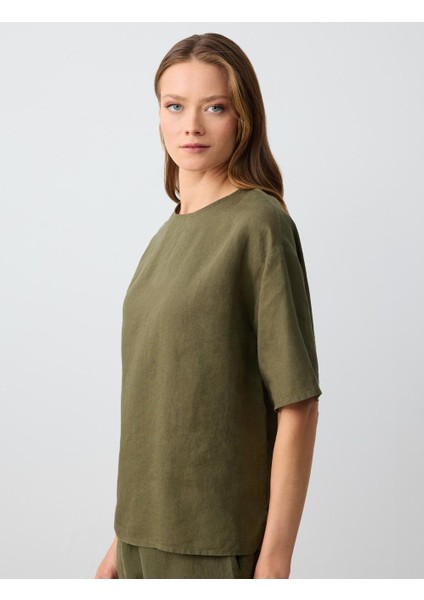 Haki Rahat Kesim Kısa Kollu Bisiklet Yaka Keten Bluz modelleri