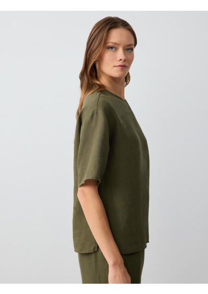 Haki Rahat Kesim Kısa Kollu Bisiklet Yaka Keten Bluz fırsatları