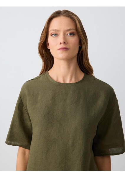 Haki Rahat Kesim Kısa Kollu Bisiklet Yaka Keten Bluz indirimleri