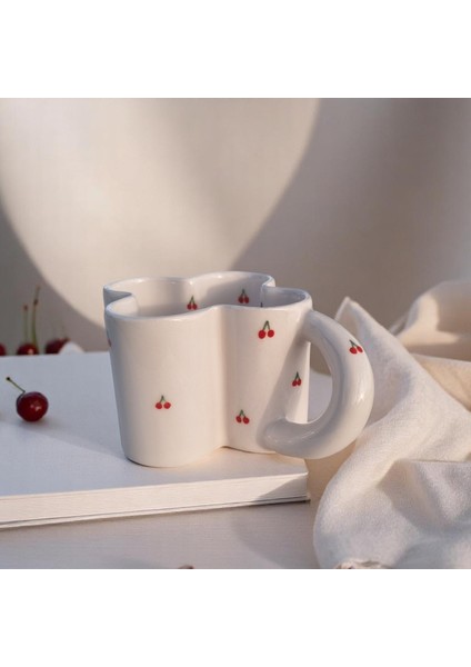 El Yapımı Seramik Büyük Kupa Yonca Tasarımlı Kiraz Desenli Şans Kupası 300-350 ml Kupa Bardak Mug modelleri