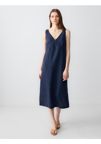 Lacivert Rahat Kesim V Yaka Kolsuz Keten Midi Elbise