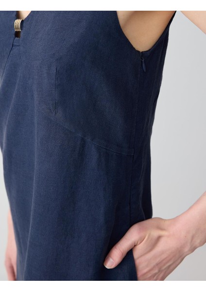 Lacivert Rahat Kesim V Yaka Kolsuz Keten Midi Elbise fırsatları