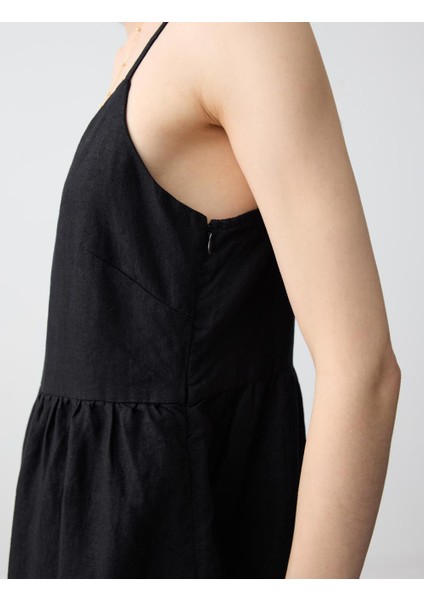 Siyah V Yaka Askılı Dantel Detaylı Keten Midi Elbise fırsatları