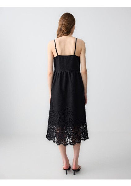 Siyah V Yaka Askılı Dantel Detaylı Keten Midi Elbise indirimleri