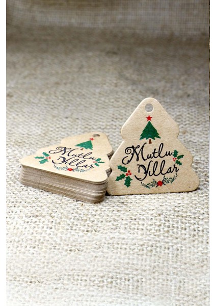 Çam Ağacı Temalı Yeni Yıl Etiketi -Mutlu Yıllar - Kraft Yılbaşı Etiketi (5,5 X5,5cm) 50 Adet-