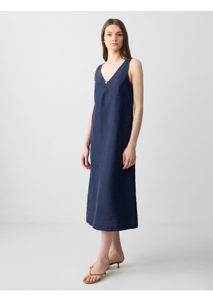 Lacivert Rahat Kesim V Yaka Kolsuz Keten Midi Elbise fiyatları