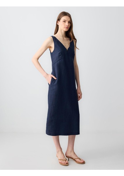 Lacivert Rahat Kesim V Yaka Kolsuz Keten Midi Elbise modelleri
