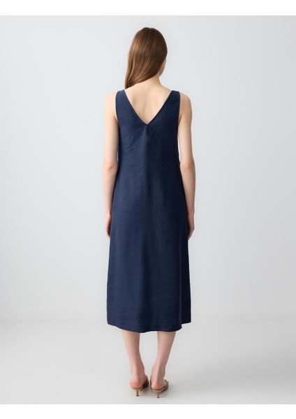 Lacivert Rahat Kesim V Yaka Kolsuz Keten Midi Elbise indirimleri