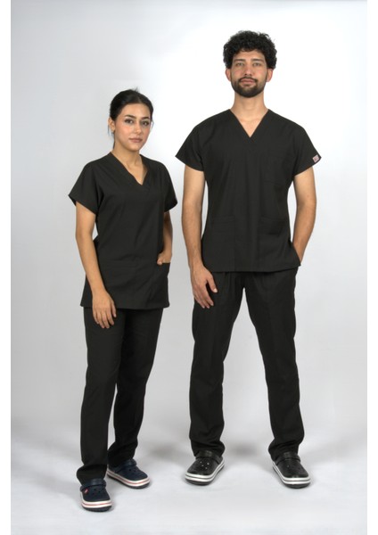 Siyah Premium Fle x Likralı Scrubs Doktor Hemşire Üniforma Takım