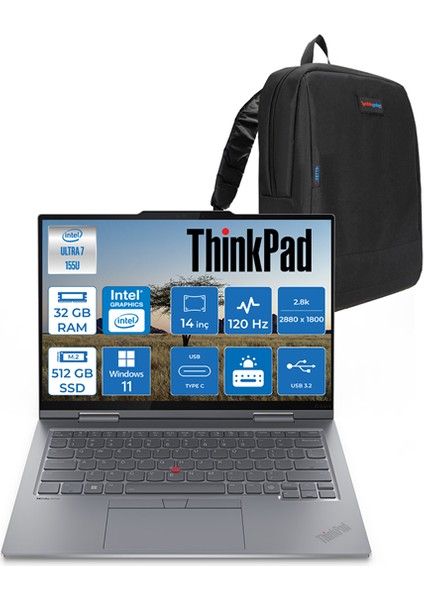 Thinkpad X1 G9 Ultra 7 155U 32GB 512GB SSD Intel® Graphics 14" 2.8k 120hz OLED 400NITS WIN11PRO Yapay Zeka Destekli Dokunmatik Taşınabilir Bilgisayar THINX1U155P09 + Zettaçanta