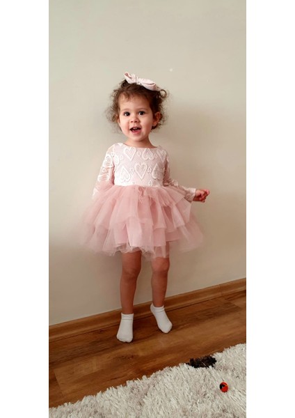 Pembe Kalp Dokulu Kız Çocuk Özel Gün Elbisesi - Mini Model