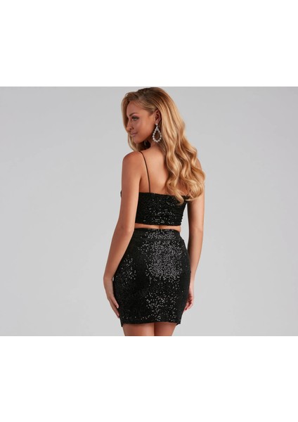 Kadın Siyah Ip Askılı Payet Crop Top fiyatları