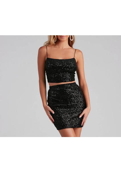 Kadın Siyah Ip Askılı Payet Crop Top modelleri