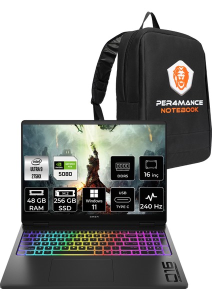 Omen Max 16 Intel Core Ultra 9 275HX 48GB 256GB SSD RTX5080/16GB 16" Qhd+ 240Hz Windows 11 Home Taşınabilir Bilgisayar & Per4 Çanta B92QYEAPN366