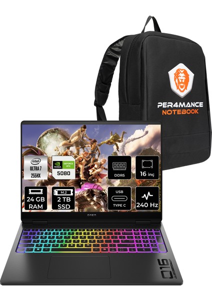 Omen Max 16 Intel Core Ultra 7 255HX 24GB 2tb SSD RTX5080/16GB 16" Qhd+ 240Hz Fdos Taşınabilir Bilgisayar & Per4 Çanta B8SQ9EAPN314