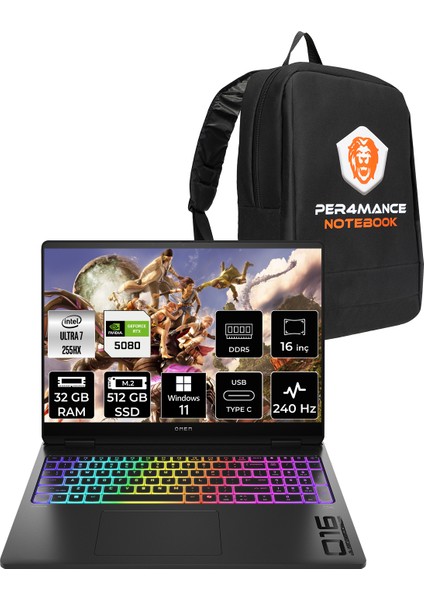 Omen Max 16 Intel Core Ultra 7 255HX 32GB 512GB SSD RTX5080/16GB 16" Qhd+ 240Hz W11P Taşınabilir Bilgisayar & Per4 Çanta B8SQ9EAPN397