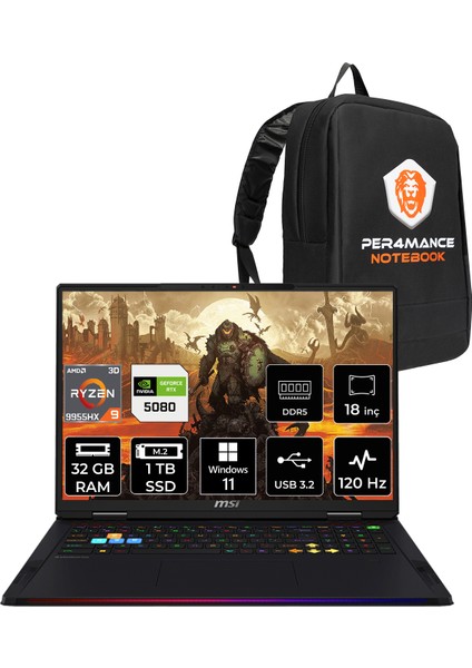 Msı Raider A18 Hx Amd Ryzen 9 9955HX3D 32GB 1tb SSD RTX5080/16GB 175W 18" Uhd+ 120Hz Windows 11 Home Taşınabilir Bilgisayar & Per4 Çanta A9WIG092TRP318