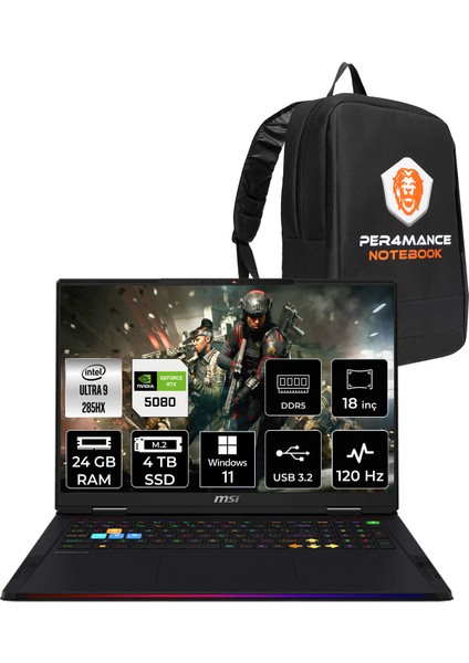 Msı Raider 18 Hx Aı Intel Core Ultra 9 285HX 24GB 4tb SSD RTX5080/16GB 175W 18" Uhd+ 120Hz Windows 11 Pro Taşınabilir Bilgisayar & Per4 Çanta A2XWIG218TRP355