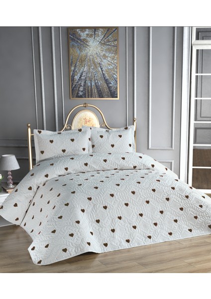 Kalp Baskılı Microfiber Ultrasonic Kapitone Çift Kişilik Yatak Örtüsü