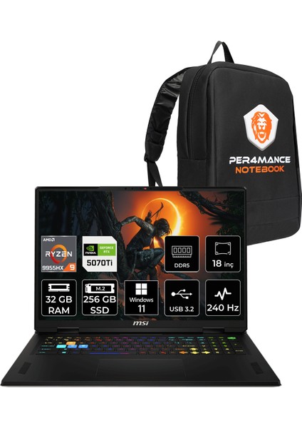 Msı Vector A18 Hx Amd Ryzen 9 9955HX 32GB 256GB SSD RTX5070TI/12GB 140W 18" Qhd+ 240Hz Windows 11 Home Taşınabilir Bilgisayar & Per4 Çanta A9WHG094TRP316