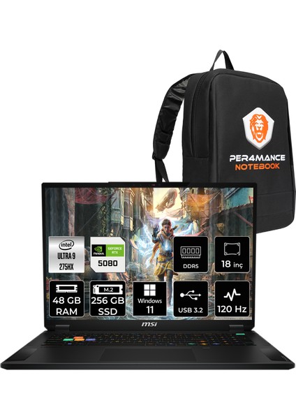 Msı Stealth 18 Hx Aı Intel Core Ultra 9 275HX 48GB 256GB SSD RTX5080/16GB 150W 18" Uhd+ 120Hz Windows 11 Pro Taşınabilir Bilgisayar & Per4 Çanta A2XWIG021TRP366