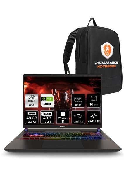 Msı Vector 16 Hx Aı Intel Core Ultra 9 275HX 48GB 4tb SSD RTX5080/16GB 175W 16" Qhd+ 240Hz Windows 11 Home Taşınabilir Bilgisayar & Per4 Çanta A2XWIG089TRP330