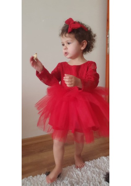 Kırmızı Kalp Dokulu Kız Çocuk Özel Gün Elbisesi - Mini Model