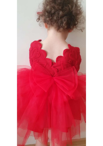 Kırmızı Kalp Dokulu Kız Çocuk Özel Gün Elbisesi - Mini Model