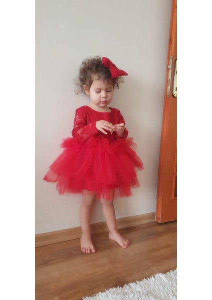 Kırmızı Kalp Dokulu Kız Çocuk Özel Gün Elbisesi - Mini Model