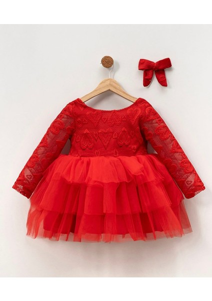 Kırmızı Kalp Dokulu Kız Çocuk Özel Gün Elbisesi - Mini Model