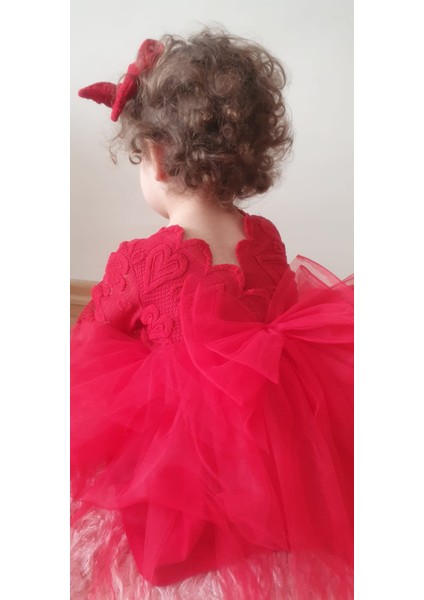Kırmızı Kalp Dokulu Kız Çocuk Özel Gün Elbisesi - Mini Model