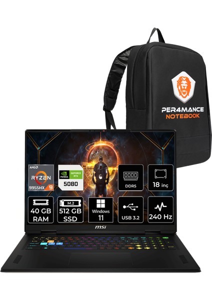 Msı Vector A18 Hx Amd Ryzen 9 9955HX 40GB 512GB SSD RTX5080/16GB 175W 18" Qhd+ 240Hz Windows 11 Pro Taşınabilir Bilgisayar & Per4 Çanta A9WIG093TRP362