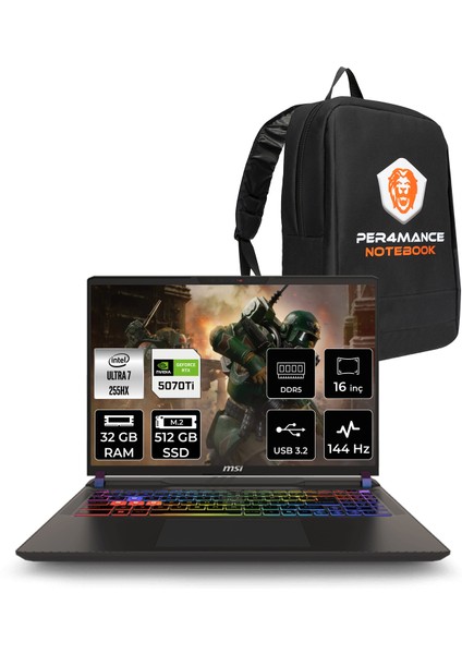 Msı Vector 16 Hx Aı Intel Core Ultra 7 255HX 32GB 512GB SSD RTX5070TI/12GB 140W 16" Fhd+ 144Hz Fdos Taşınabilir Bilgisayar & Per4 Çanta A2XWHG091XTRP317
