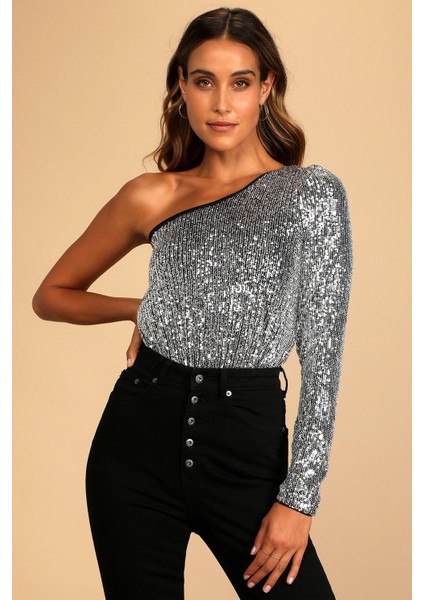 Kadın Gümüş Tek Kol Payet Bodysuit