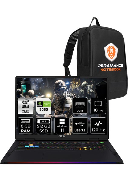 Msı Raider 18 Hx Aı Intel Core Ultra 9 285HX 8gb 512GB SSD RTX5090/24GB 175W 18" Uhd+ 120Hz Windows 11 Home Taşınabilir Bilgisayar & Per4 Çanta A2XWJG215TRP302
