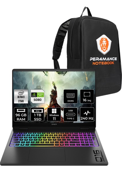 Omen Max 16 Intel Core Ultra 9 275HX 96GB 1tb SSD RTX5080/16GB 16" Qhd+ 240Hz Windows 11 Home Taşınabilir Bilgisayar & Per4 Çanta B92QYEAPN378