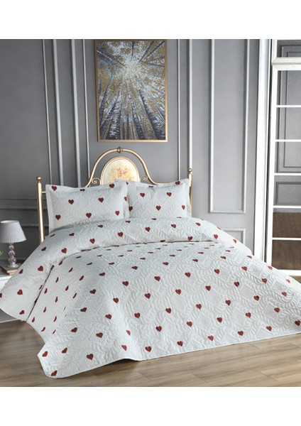 Kalp Baskılı Microfiber Ultrasonic Kapitone Çift Kişilik Yatak Örtüsü