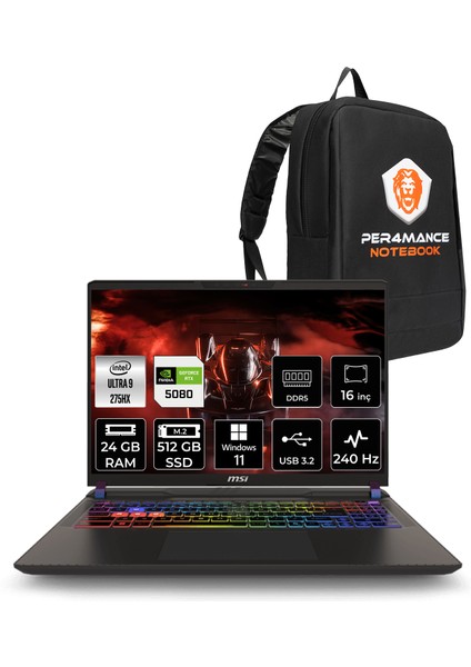 Msı Vector 16 Hx Aı Intel Core Ultra 9 275HX 24GB 512GB SSD RTX5080/16GB 175W 16" Qhd+ 240Hz Windows 11 Pro Taşınabilir Bilgisayar & Per4 Çanta A2XWIG089TRP352