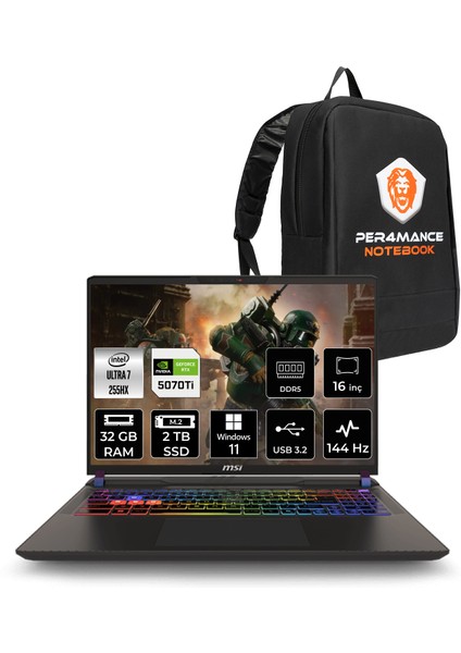 Msı Vector 16 Hx Aı Intel Core Ultra 7 255HX 32GB 2tb SSD RTX5070TI/12GB 140W 16" Fhd+ 144Hz W11P Taşınabilir Bilgisayar & Per4 Çanta A2XWHG091XTRP399