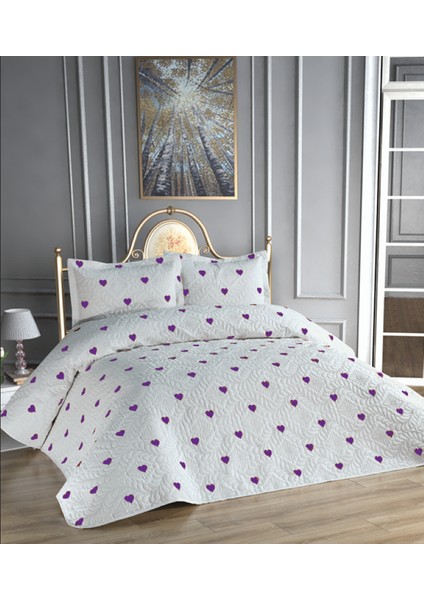 Kalp Baskılı Microfiber Ultrasonic Kapitone Çift Kişilik Yatak Örtüsü