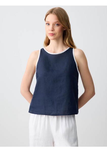 Lacivert Yuvarlak Yaka Düz Kesim Kolsuz Keten Bluz