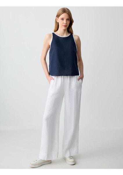 Lacivert Yuvarlak Yaka Düz Kesim Kolsuz Keten Bluz fiyatları