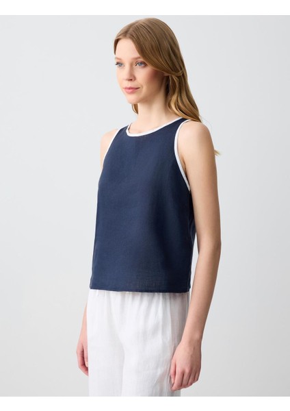 Lacivert Yuvarlak Yaka Düz Kesim Kolsuz Keten Bluz modelleri